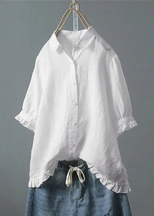 Loose White Ruffled Button Cotton Shirt Summer