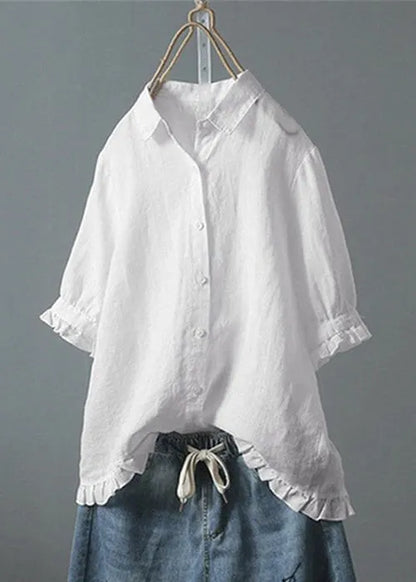 Loose White Ruffled Button Cotton Shirt Summer