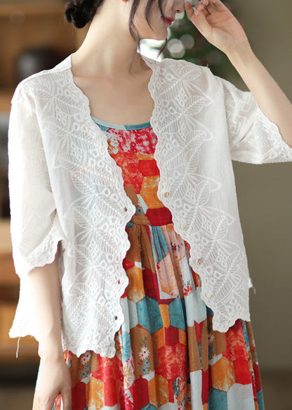 Modern White V Neck Embroidered Cotton Cardigan Short Sleeve