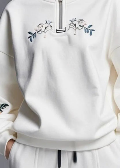 Diy White Stand Collar Zippered Patchwork Fall Sweatshirts Top