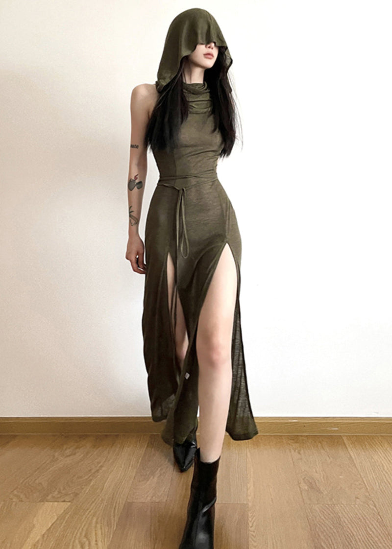 Original Design Army Green Side Open Hooded Dress Sleeveless