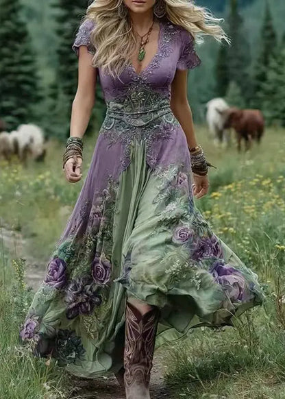 Green V Neck Print Patchwork Long Dresses Summer