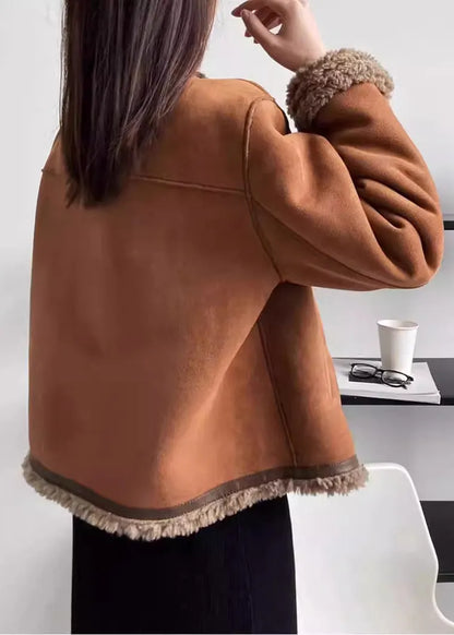 Coffee O Neck Pockets Fleece Wool Lined Faux Suede Coat Winter