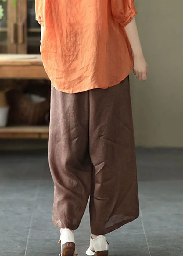 Chocolate Elastic Waist Pockets Linen Wide Leg Pants Summer