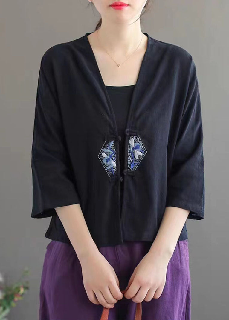 White Retro Embroidered Patchwork Summer Linen Blouse