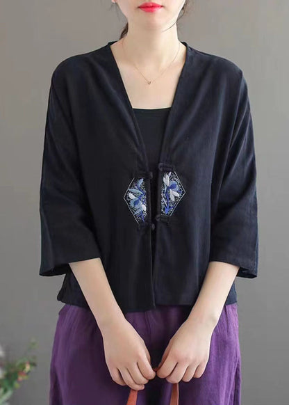 White Retro Embroidered Patchwork Summer Linen Blouse