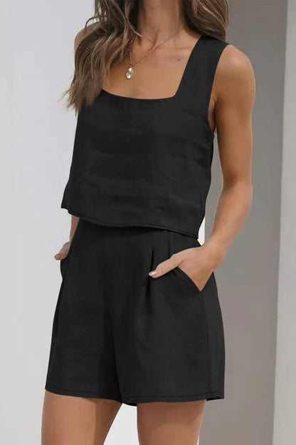 Tank Top Square Neck Pocket Shorts Set