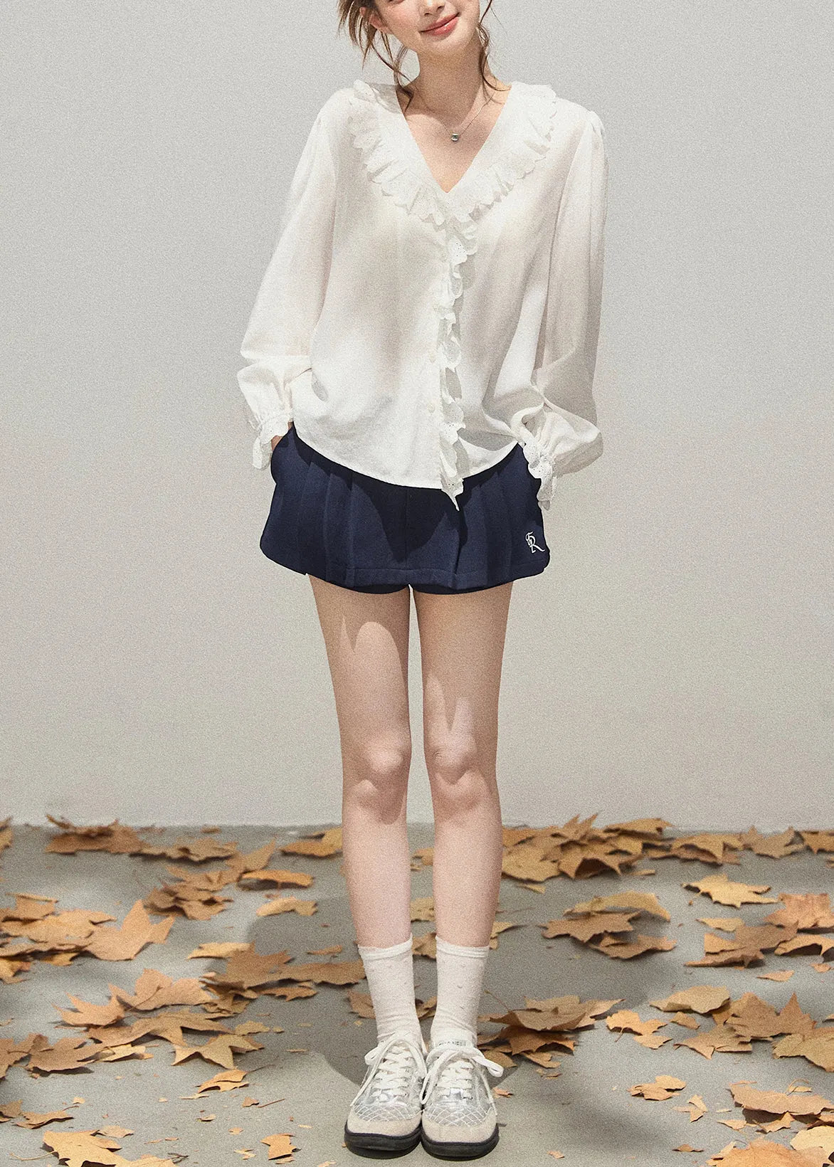 Simple White Ruffled Patchwork Cotton Shirts Fall