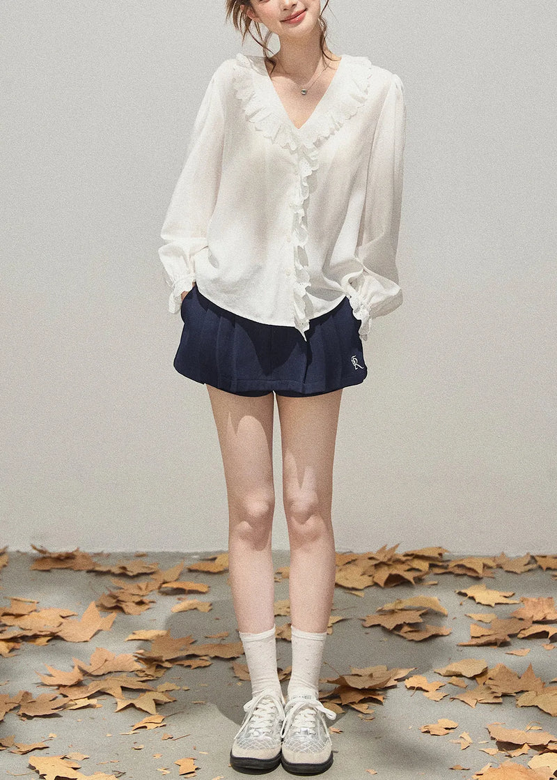 Simple White Ruffled Patchwork Cotton Shirts Fall
