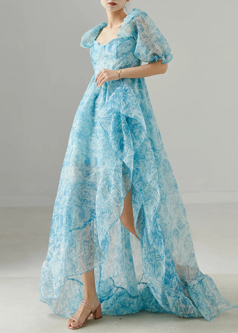 Blue Print Chiffon Full Dress Exra Large Hem Summer
