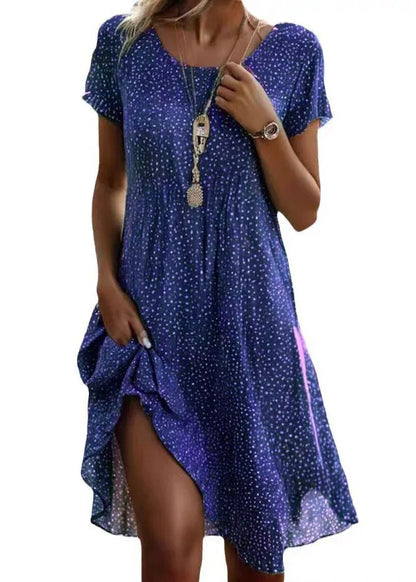 Green O Neck Print Cotton Dress Short Sleeve