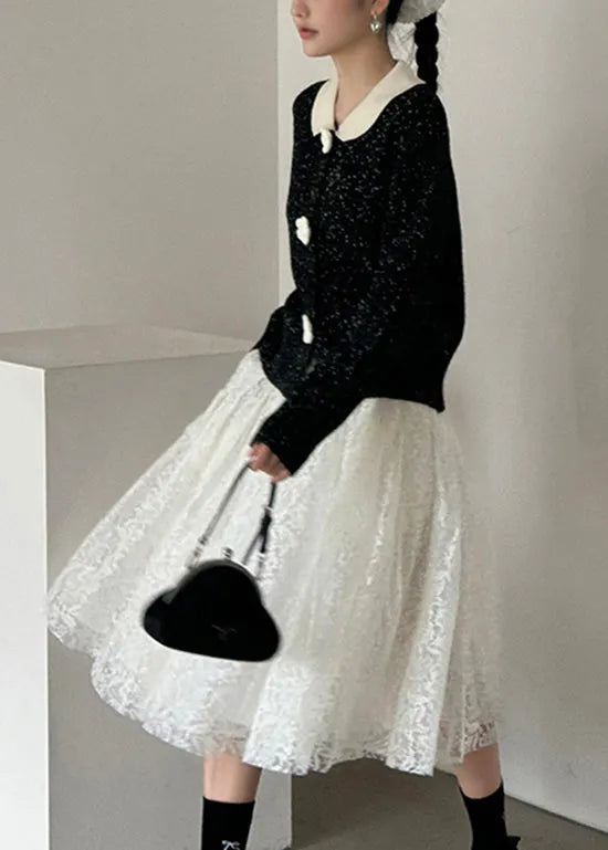 French Black Peter Pan Collar Button Knit Cardigan Fall