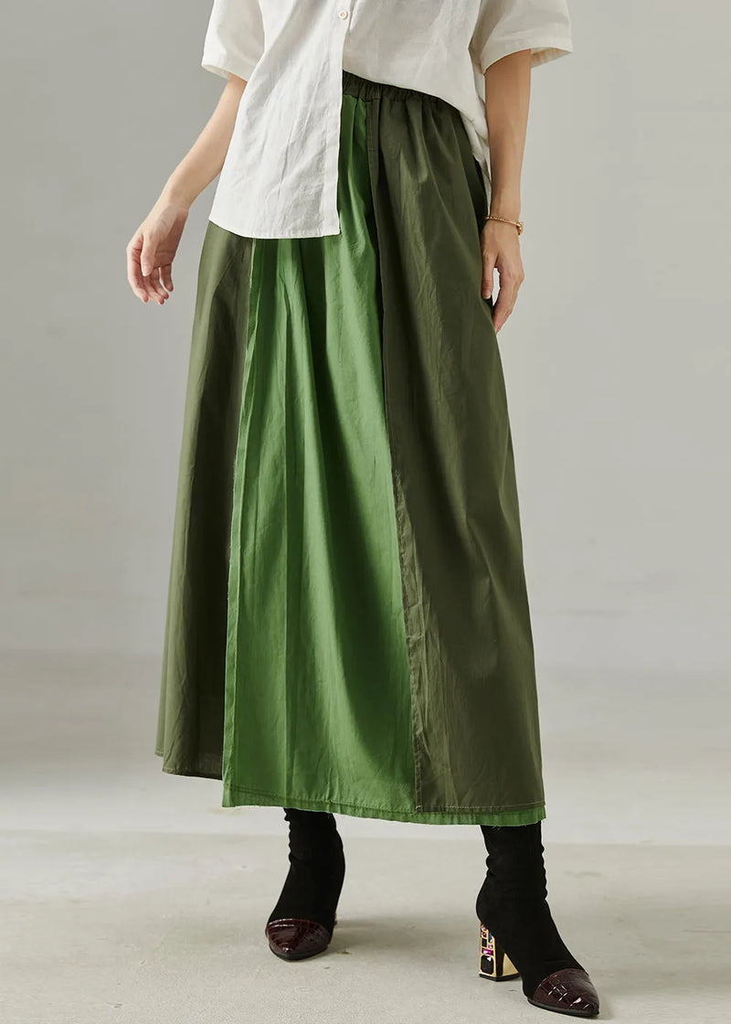 Green Patchwork Cotton a Line Skirt Elastic Waist Fall