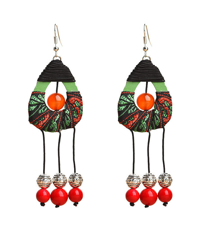 Red Agate Cotton Rope Tassel Drop Earrings