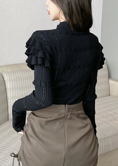 Black Hollow Out Knit Sweater Ruffled Winter