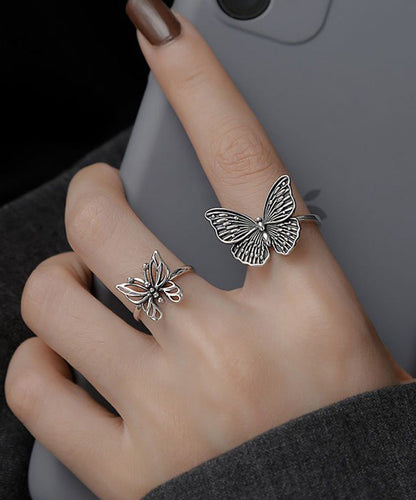 Skinny Silk Sterling Silver Butterfly Hollow Out Rings Two-piece Set