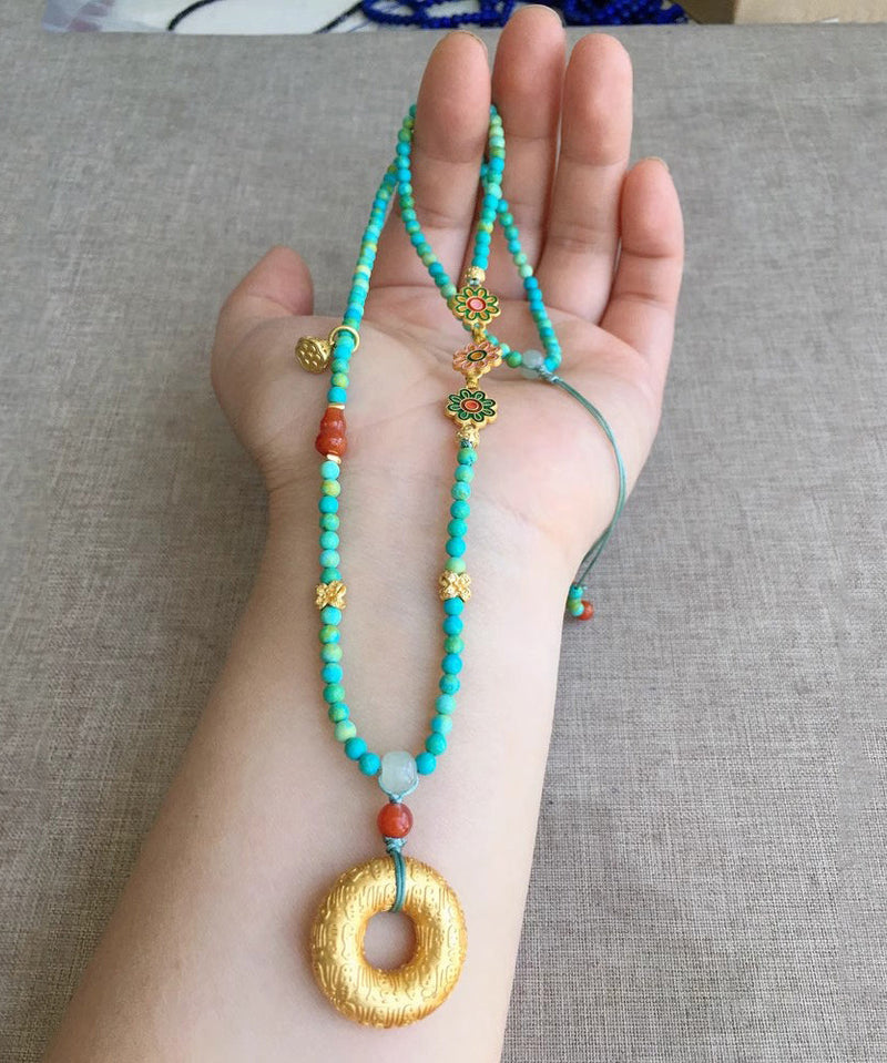 Blue Turquoise Gem Stone Adjustable Pendant Necklace