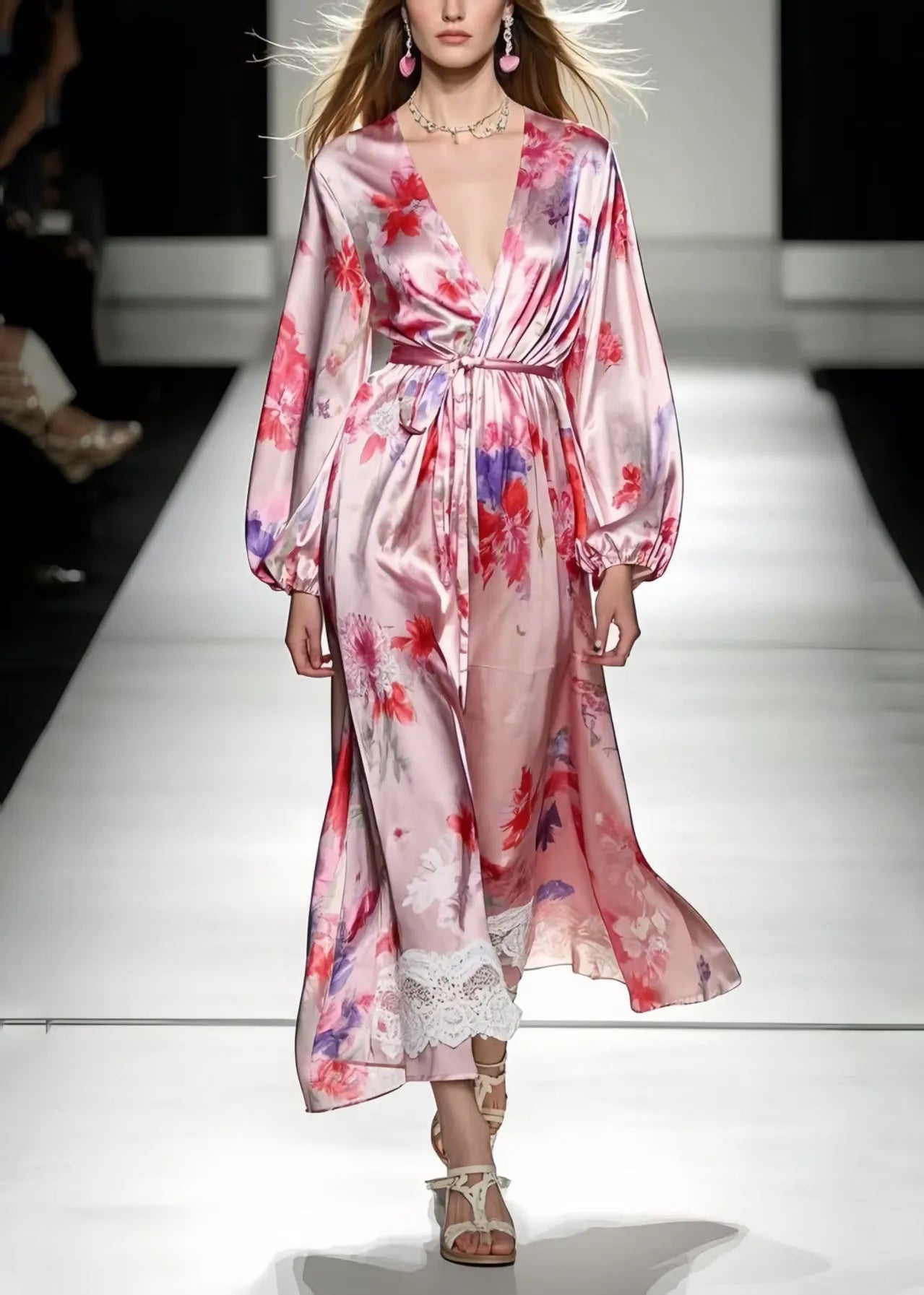 Fine Pink Tie Waist Print Silk Robe Dresses Spring