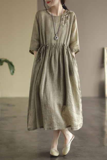 -summer Loose Embroidered Dress Color Half Sleeve Long Dress