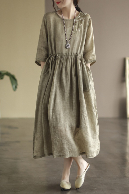 -summer Loose Embroidered Dress Color Half Sleeve Long Dress
