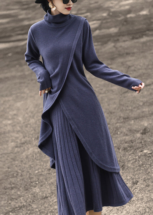 New Blue Turtleneck Tops and Skirts Wool Knit Two-piece Set Winter