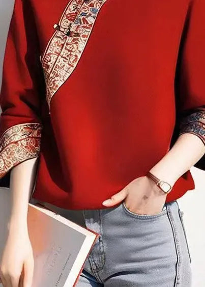 Red Mandarin Collar Patchwork Cotton Pullover Tops Spring