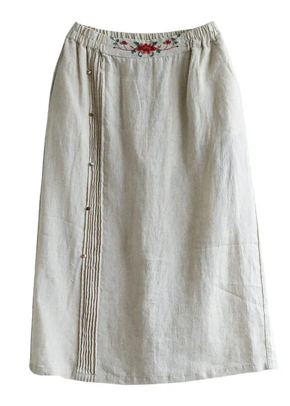 Beige Embroidered Pockets Patchwork Cotton Skirts Summer