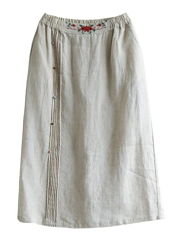 Beige Embroidered Pockets Patchwork Cotton Skirts Summer