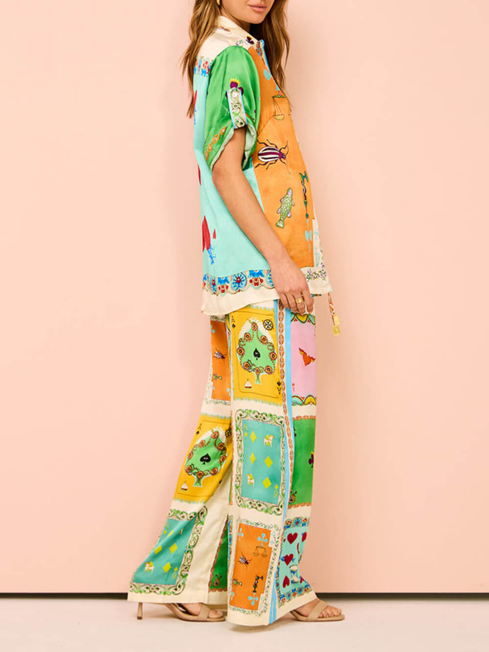 Summer Unique Funny Print Elastic Waist Pocketed Wide Leg Pants