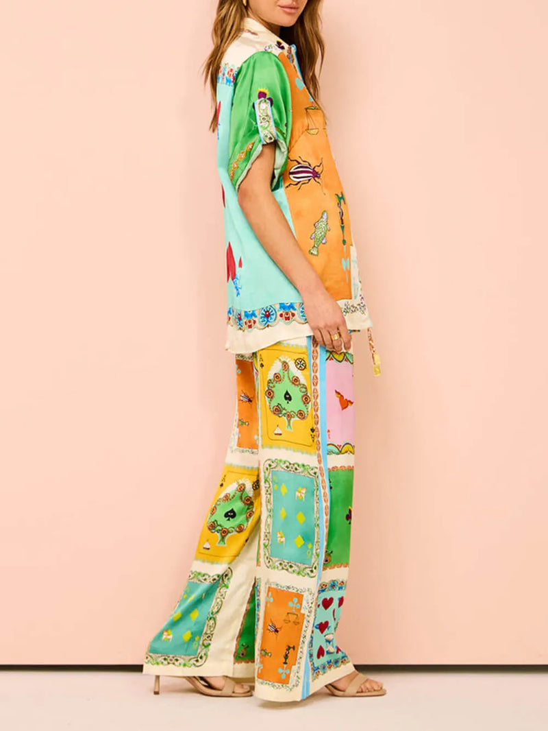 Summer Unique Funny Print Elastic Waist Pocketed Wide Leg Pants