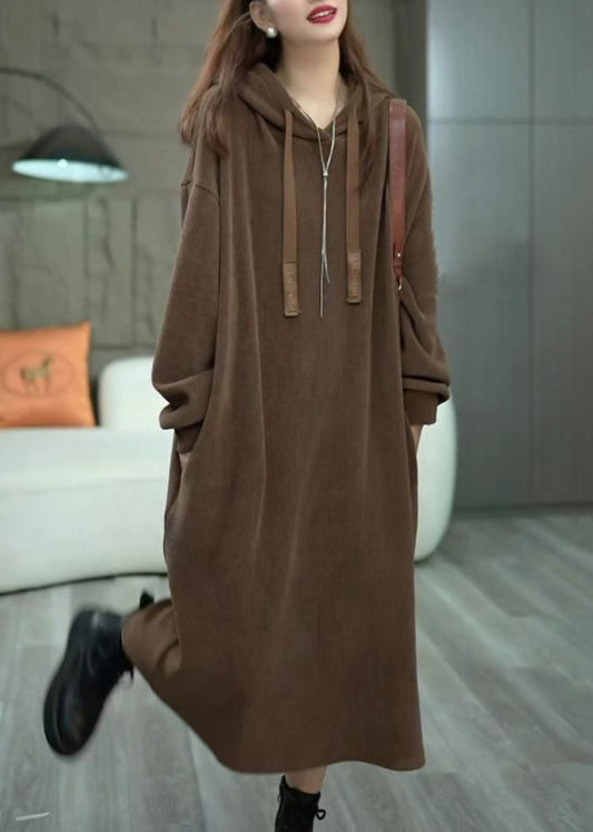 Loose Coffee Hooded Pockets Long Dress Winter