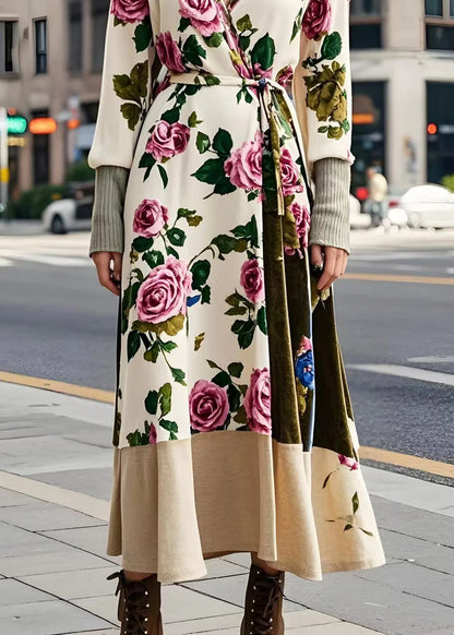 Apricot Tie Waist Silk Velvet Long Dresses Spring