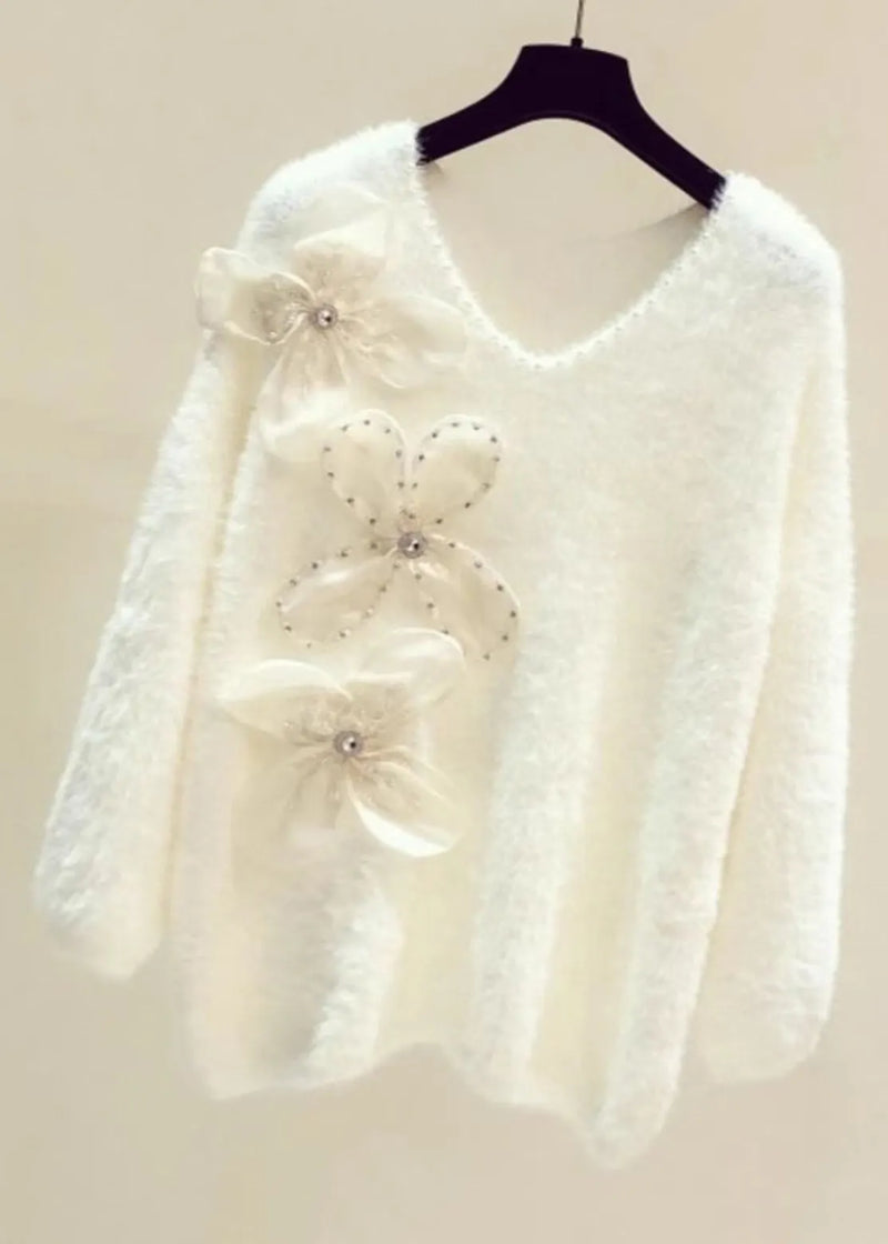 Pink V Neck Cozy Mink Hair Knitted Sweater Winter