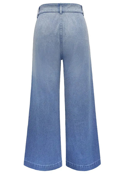 Simple Blue Pockets High Waist Denim Wide Leg Pants Summer