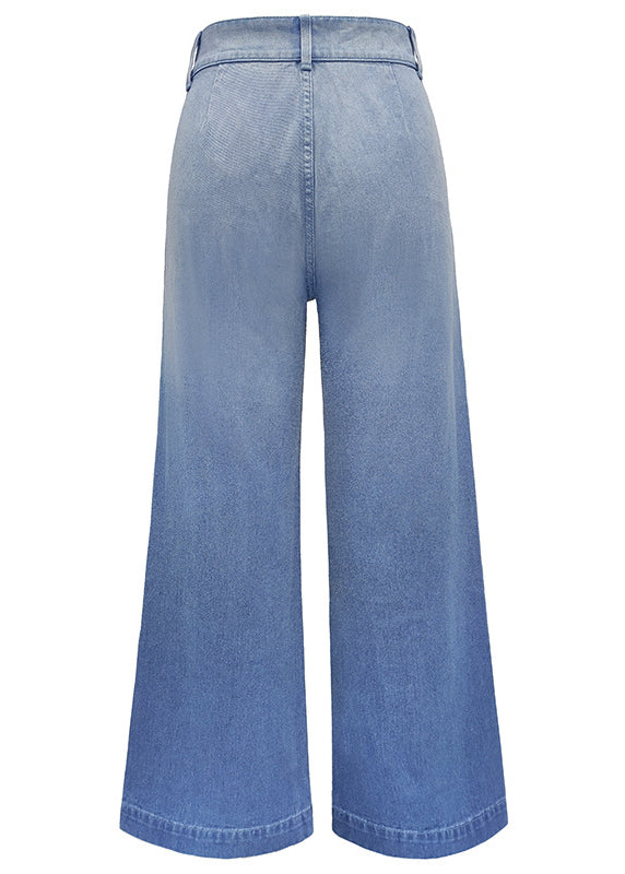 Simple Blue Pockets High Waist Denim Wide Leg Pants Summer