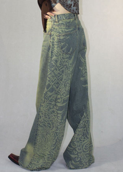 Blue Print Pockets High Waist Denim Pants Fall