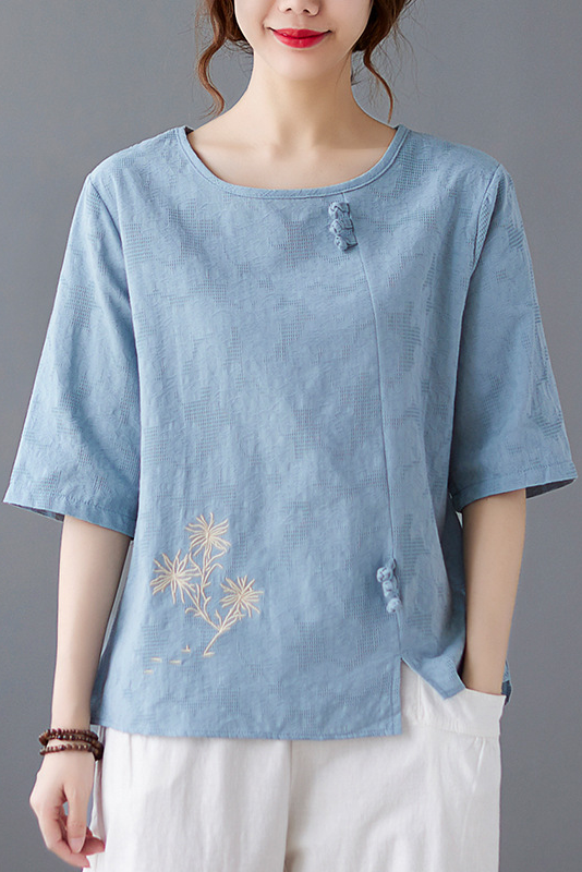 -summer Embroidered Cotton T-shirt Loose Mid Sleeve Tops
