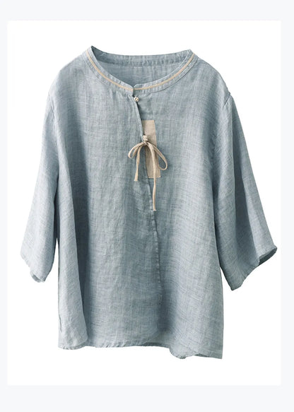 Chinese Style Blue Stand Collar Button Linen Shirt Top Summer