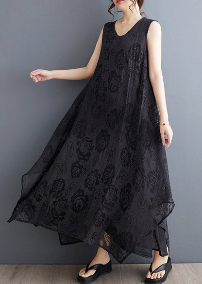 Black O-neck Asymmetrical Hollow Out Holiday Lace Maxi Dress Summer