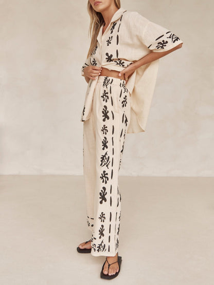 Wide Leg Black Printed Cream Pants