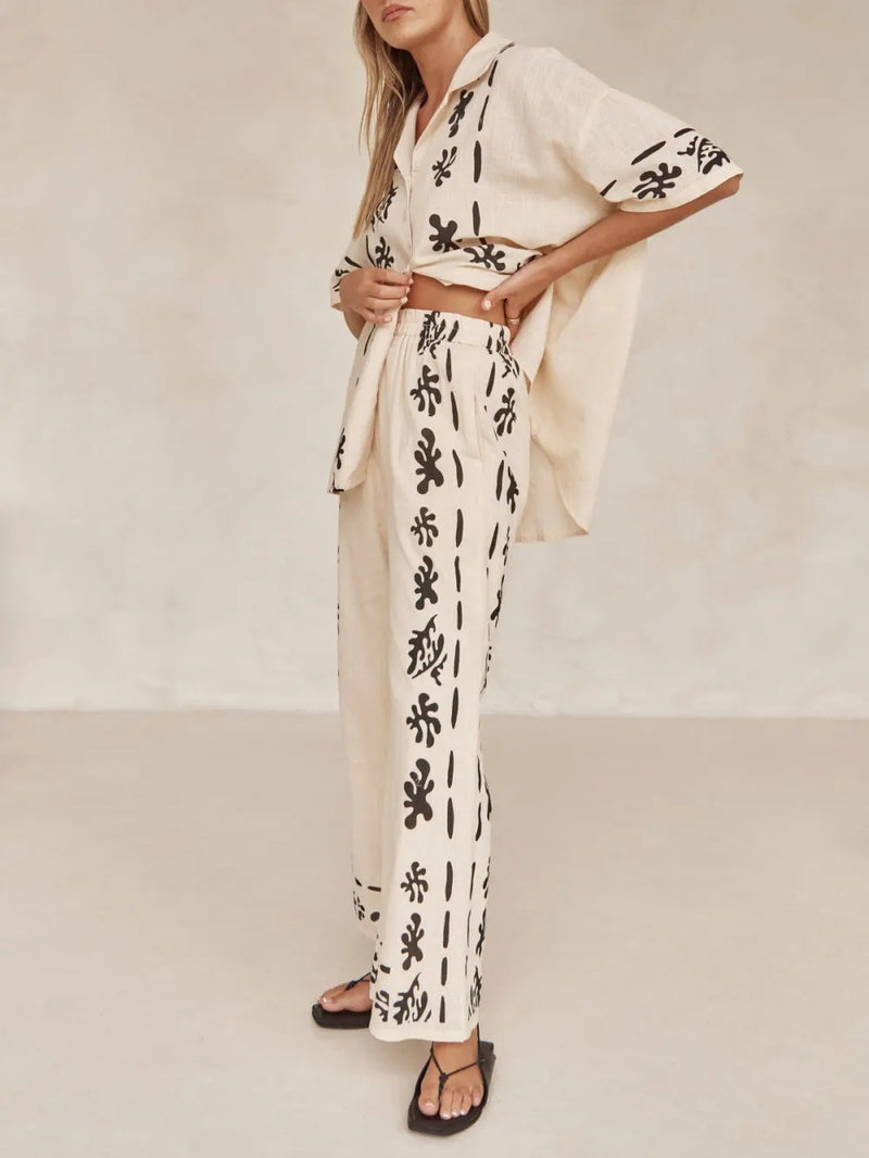 Wide Leg Black Printed Cream Pants
