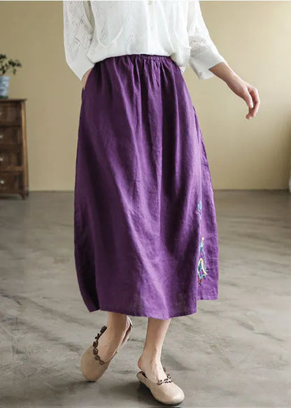 Black Elastic Waist Embroidered Linen a Line Skirts Spring