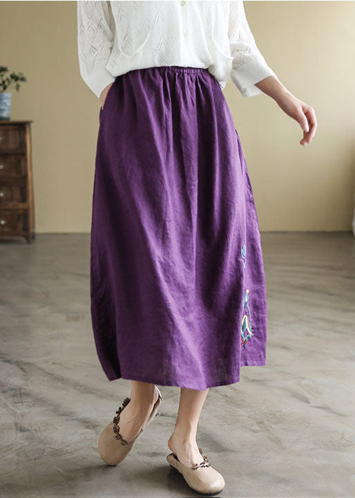 Black Elastic Waist Embroidered Linen a Line Skirts Spring