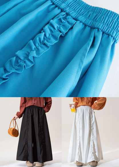Blue Ruffled Elastic Waist Cotton Pants Fall
