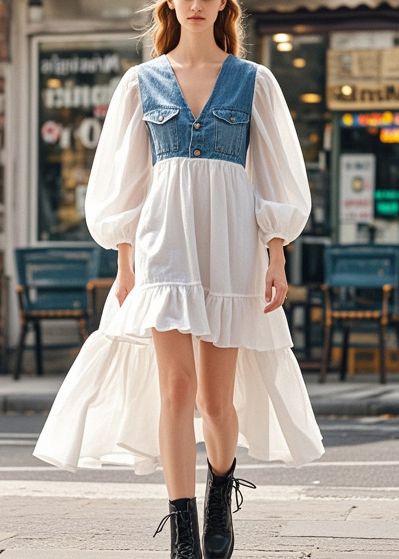 White Puff Sleeve Patchwork Denim Low High Design Cotton Dress Spring