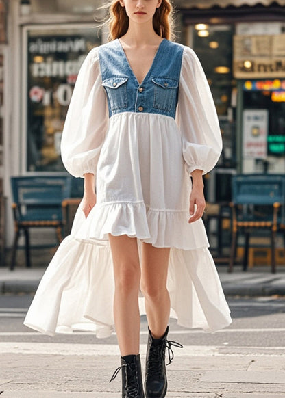 White Puff Sleeve Patchwork Denim Low High Design Cotton Dress Spring