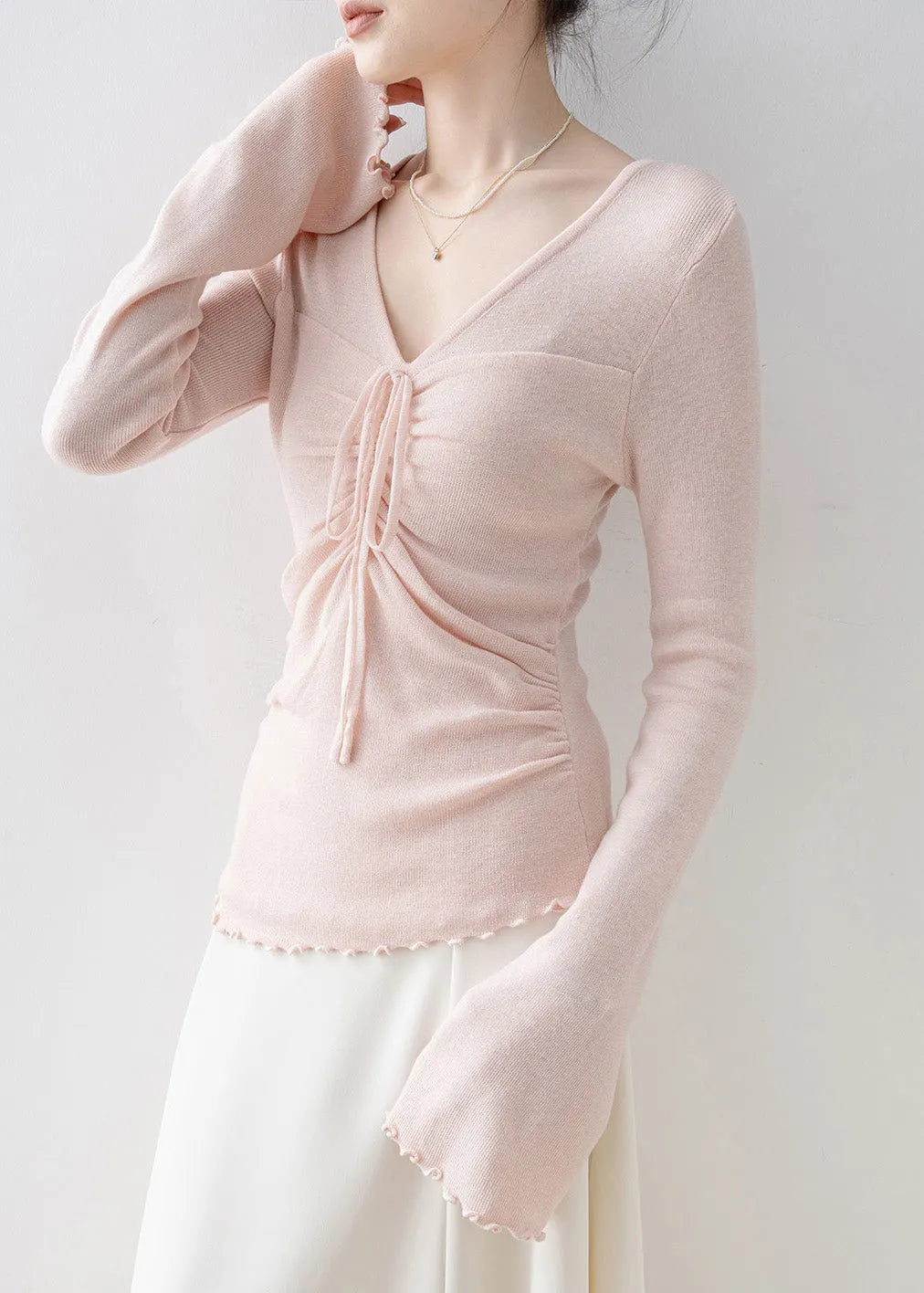 Pink V Neck Bow Knit Top Flare Sleeve