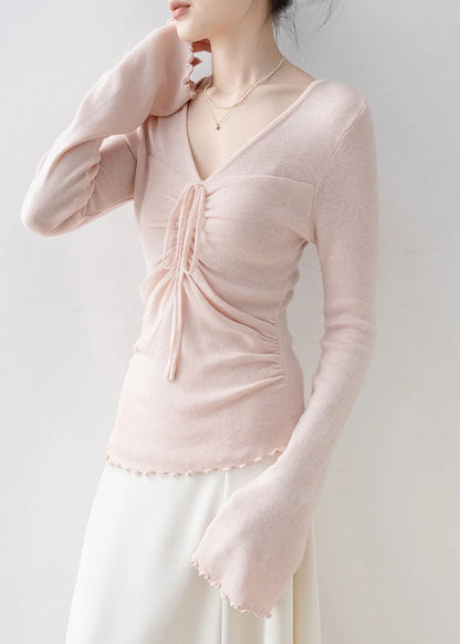 Pink V Neck Bow Knit Top Flare Sleeve