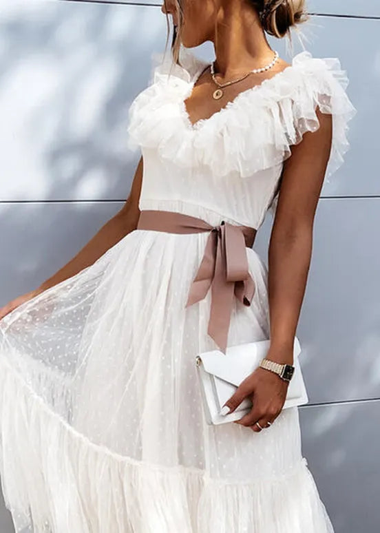 French White V Neck Ruffled Patchwork Tulle Dress Summer