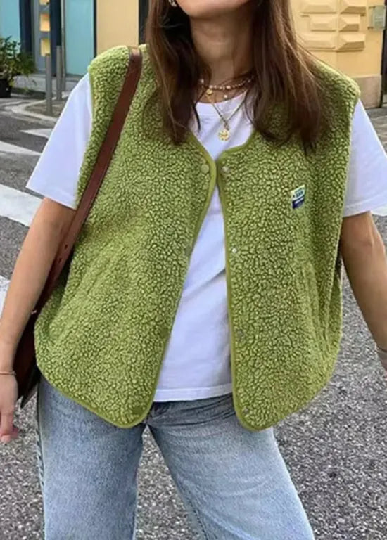 Green O Neck Faux Fur Vest Sleeveless
